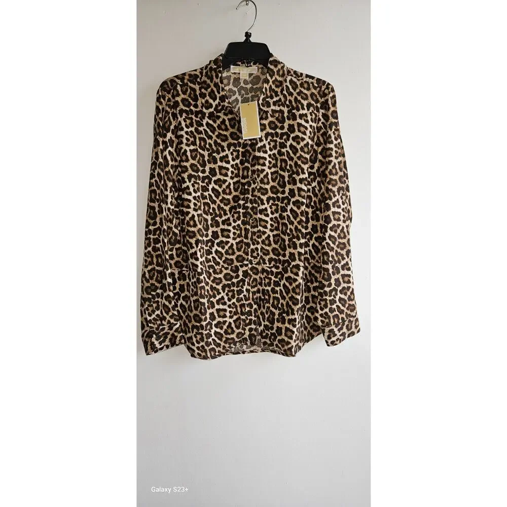Michael Kors Women's Dark Camel Leopard Print Long Sleeve Tunic Blouse Top L NWT